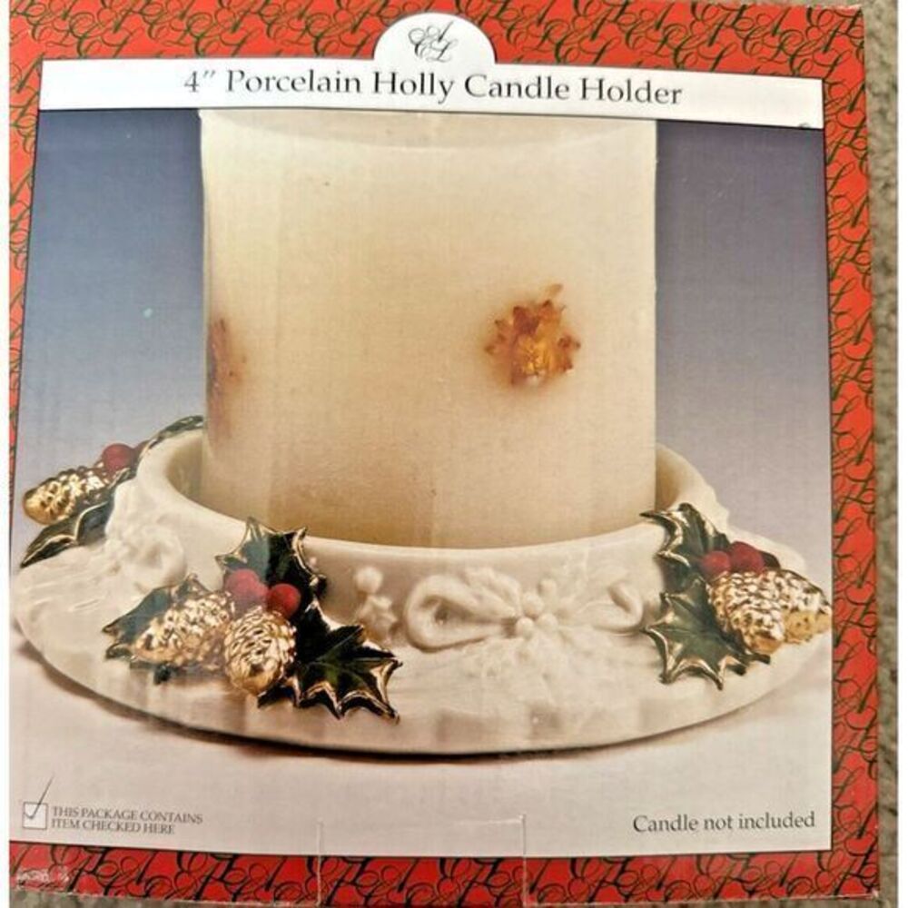Vintage Artmark Chicago 7x4 Inch Porcelain‎ Holly Candle Holder NIB Holiday